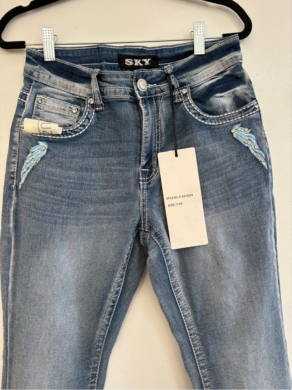 Sky Women's Light Blue Bootcut Jeans with Red Heart & Wing Embroidery - Picture 5 of 6